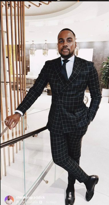 Stephen Graddick IV in custom black windowpane double-breasted suit by CJ Custom Clothiers